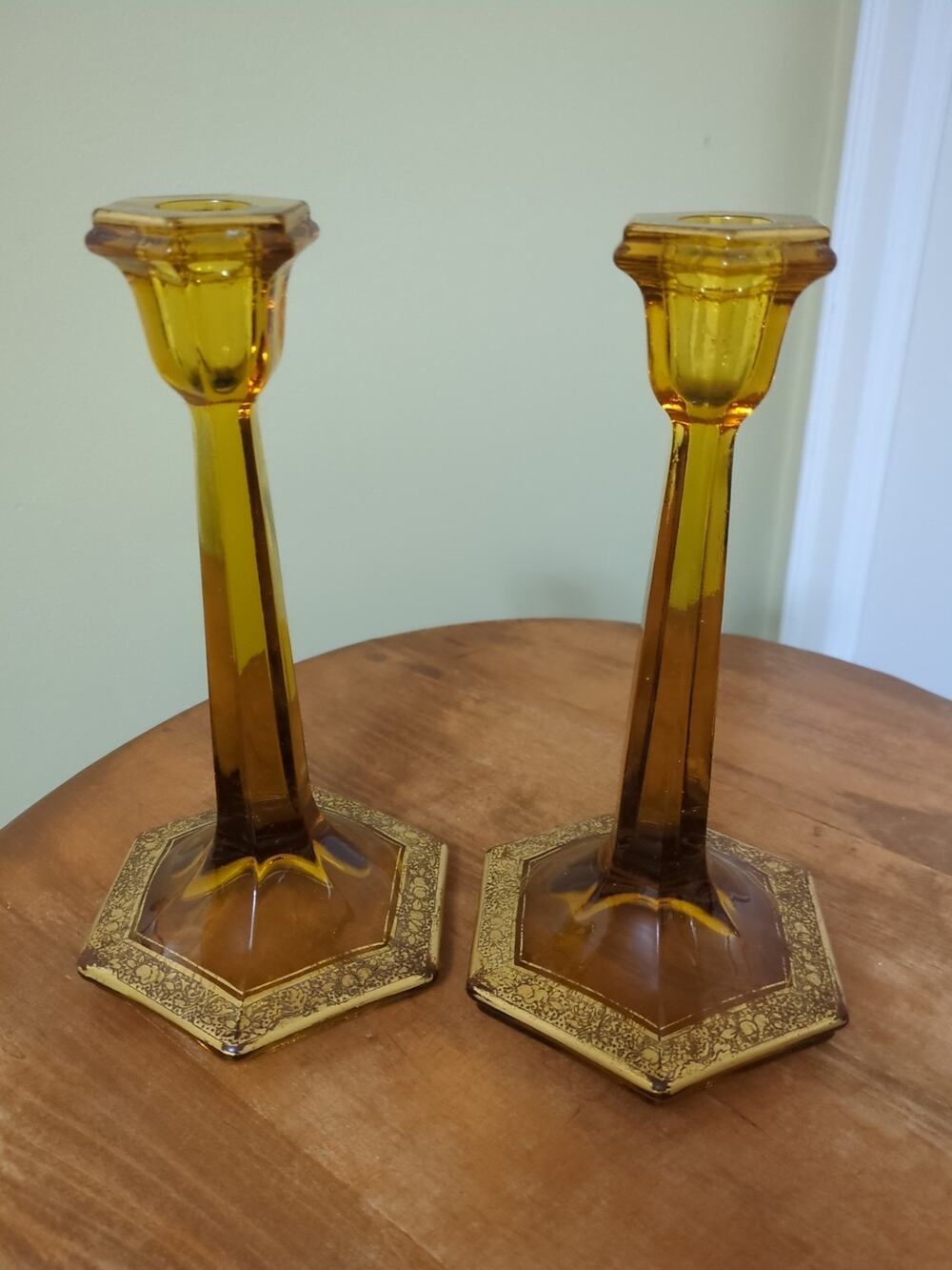 Paden City Glass Company Tall Amber Candlesticks With Gold Etching #115
